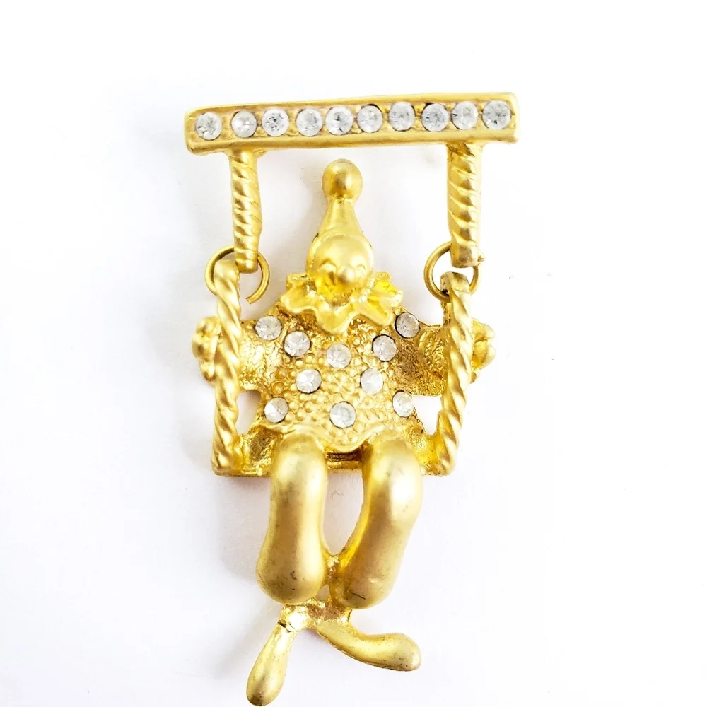 Vintage Brooch Clown Pin Gold + Rhinestones